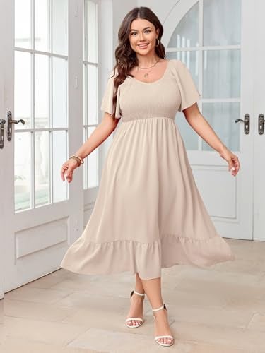 SCOMCHIC Women's Plus Size Summer Dress Casual Short Sleeve Scoop Neck Maxi Dress Smocked Ruffle Boho Flowy Long Dresses Beige - Image 4