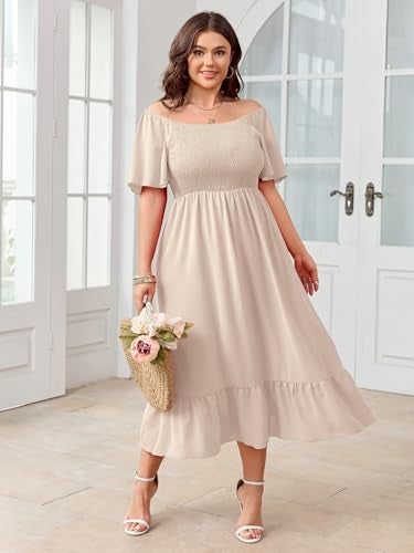 SCOMCHIC Women's Plus Size Summer Dress Casual Short Sleeve Scoop Neck Maxi Dress Smocked Ruffle Boho Flowy Long Dresses Beige - Image 2