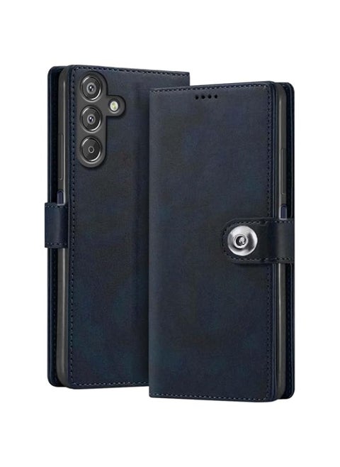 Flip Back Case for Samsung Galaxy F15 5G / M15 5G | Genuine Leather Finish| Designer Button | Inbuilt Pockets & Stand | Flip Cover Back Case for Samsung F15 5G / M15 5G (Blue)