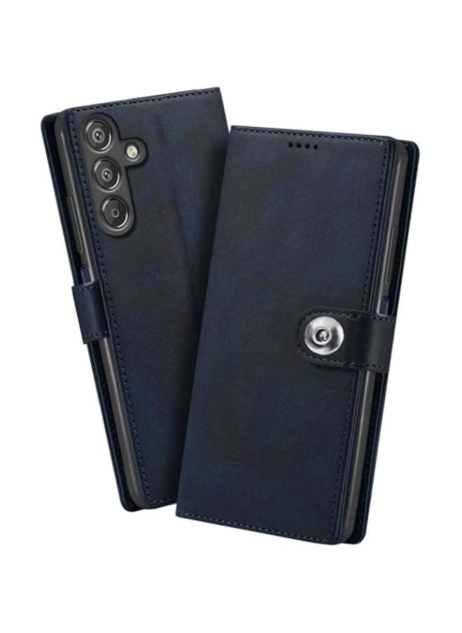 Generic - Flip Back Case for Samsung Galaxy F15 5G / M15 5G | Genuine Leather Finish| Designer Button | Inbuilt Pockets & Stand | Flip Cover Back Case for Samsung F15 5G / M15 5G (Blue) - Image 1