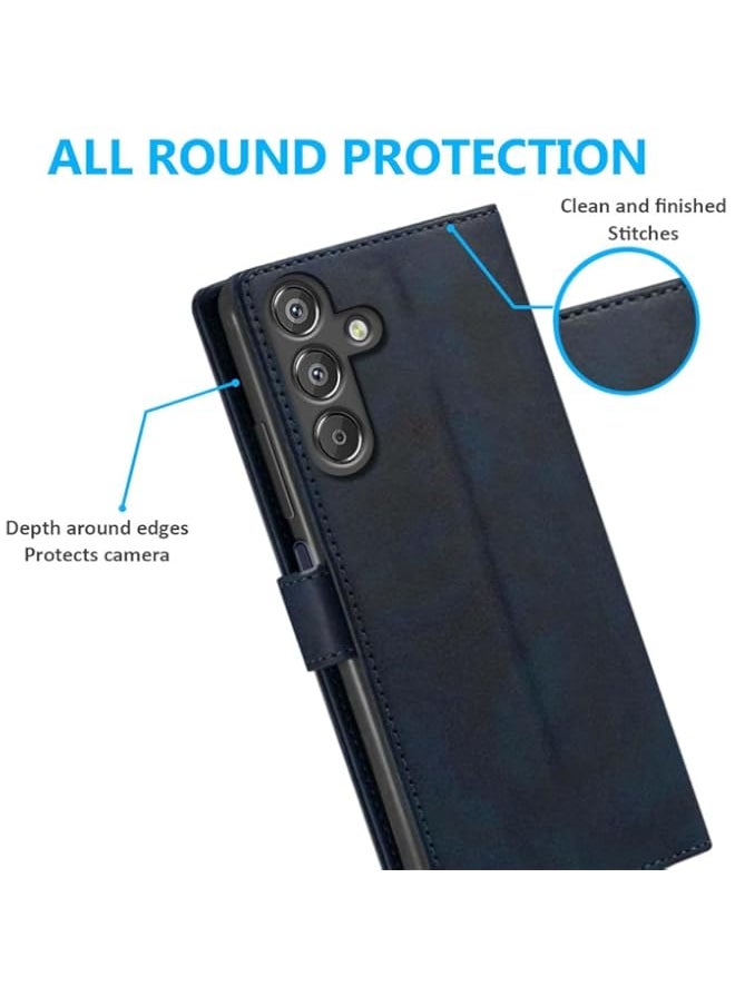 Generic - Flip Back Case for Samsung Galaxy F15 5G / M15 5G | Genuine Leather Finish| Designer Button | Inbuilt Pockets & Stand | Flip Cover Back Case for Samsung F15 5G / M15 5G (Blue) - Image 1