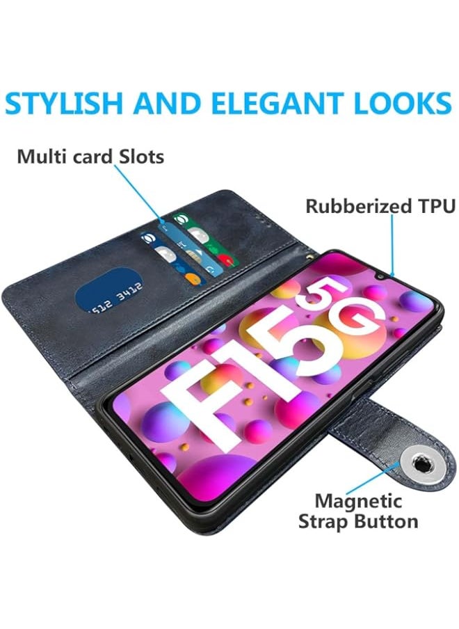 Generic - Flip Back Case for Samsung Galaxy F15 5G / M15 5G | Genuine Leather Finish| Designer Button | Inbuilt Pockets & Stand | Flip Cover Back Case for Samsung F15 5G / M15 5G (Blue) - Image 1