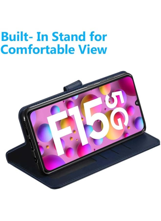 Generic - Flip Back Case for Samsung Galaxy F15 5G / M15 5G | Genuine Leather Finish| Designer Button | Inbuilt Pockets & Stand | Flip Cover Back Case for Samsung F15 5G / M15 5G (Blue) - Image 1