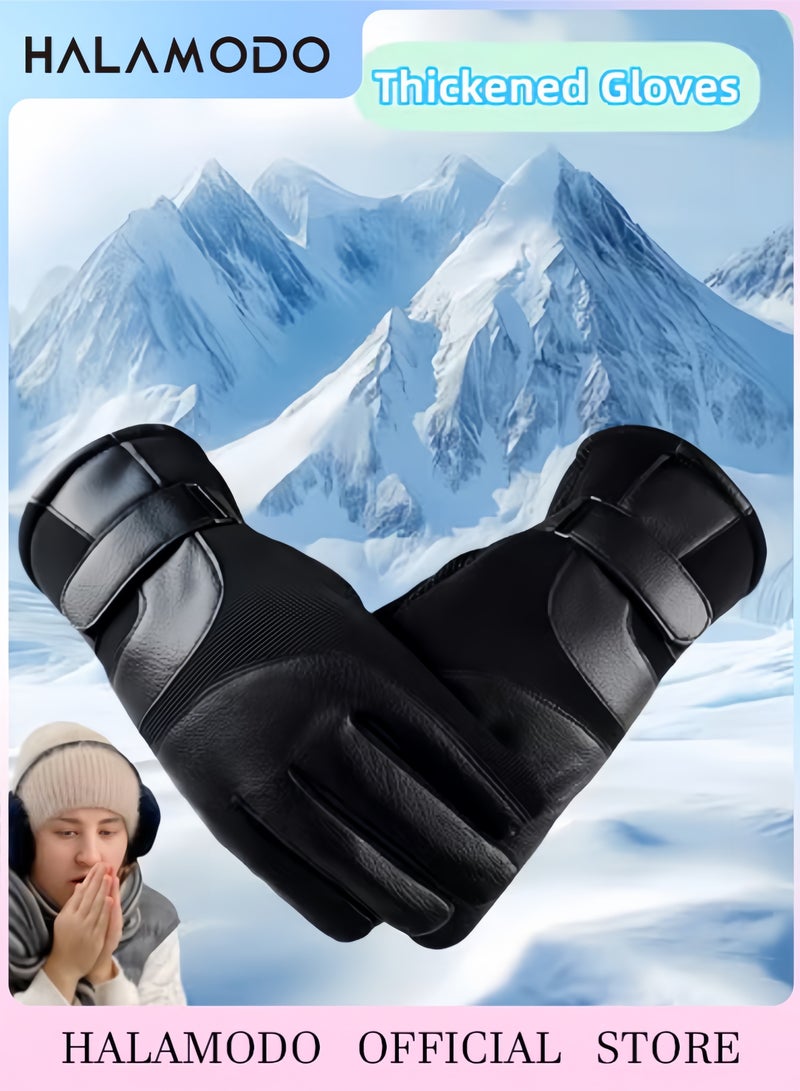 هالامودو قفازات شتوية تعمل باللمس للرجال والنساء، قفازات جلدية سميكة لركوب الدراجات، قفازات محبوكة دافئة، قفازات حرارية مقاومة للماء والرياح للمشي لمسافات طويلة والقيادة وركوب الدراجات والتزلج - Image 1