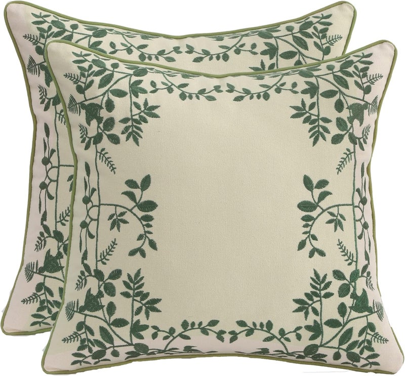 Tosleo Embroidered Throw Pillow Covers 18x18 2 Pack Green Leaves Surrounding Decorative Throw Pillow Covers Farmhouse Decorative Pillow Covers Spring Cushion Covers - Image 1