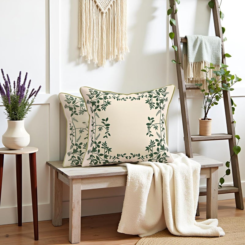 Tosleo Embroidered Throw Pillow Covers 18x18 2 Pack Green Leaves Surrounding Decorative Throw Pillow Covers Farmhouse Decorative Pillow Covers Spring Cushion Covers - Image 4