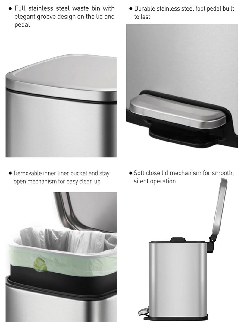 Obsessions Stainless Steel Step Dustbin with Liner, 6 Litres, Metallic