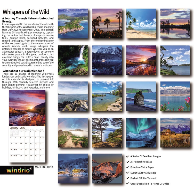 windrio 2026 Wall Calendar,Calendar 2026, July 2025 - December 2026, Wall Calendar Whispers Of The Wild, 12" x 24" Opened,Full Page Months Thick & Sturdy Paper for Gift Perfect Calendar Organizing Planning - Image 2