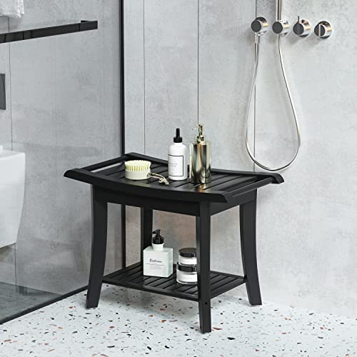 Bamfan Bamboo Shower Bench Inside Shower Stool with SpaceEfficient Storage Shelf Shower Bath Chairs Spa Seats for Bathroom Great for All Ages Unisex Elderly Waterproof Black - Image 5