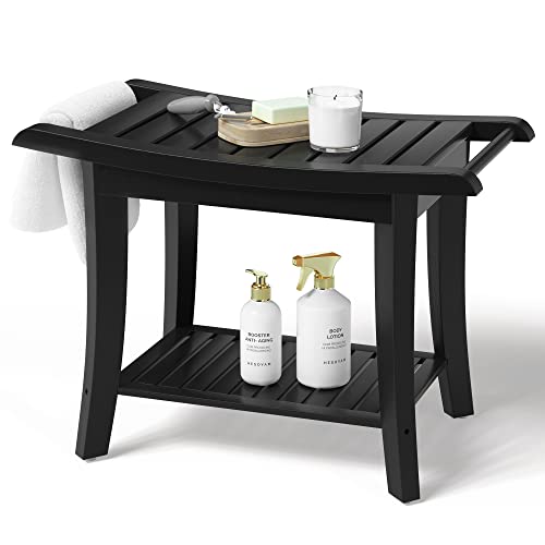 Bamfan Bamboo Shower Bench Inside Shower Stool with SpaceEfficient Storage Shelf Shower Bath Chairs Spa Seats for Bathroom Great for All Ages Unisex Elderly Waterproof Black - Image 2
