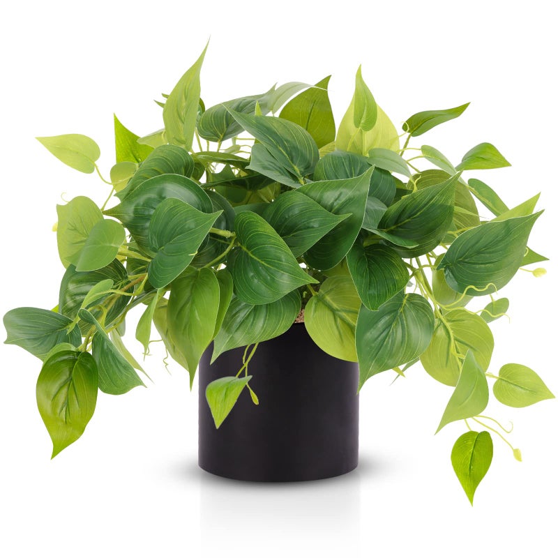JPSOR Artificial Indoor Plants for Home Decor 12 inches Pothos in Black Ceramic Pot with Iron Wire 1 Count