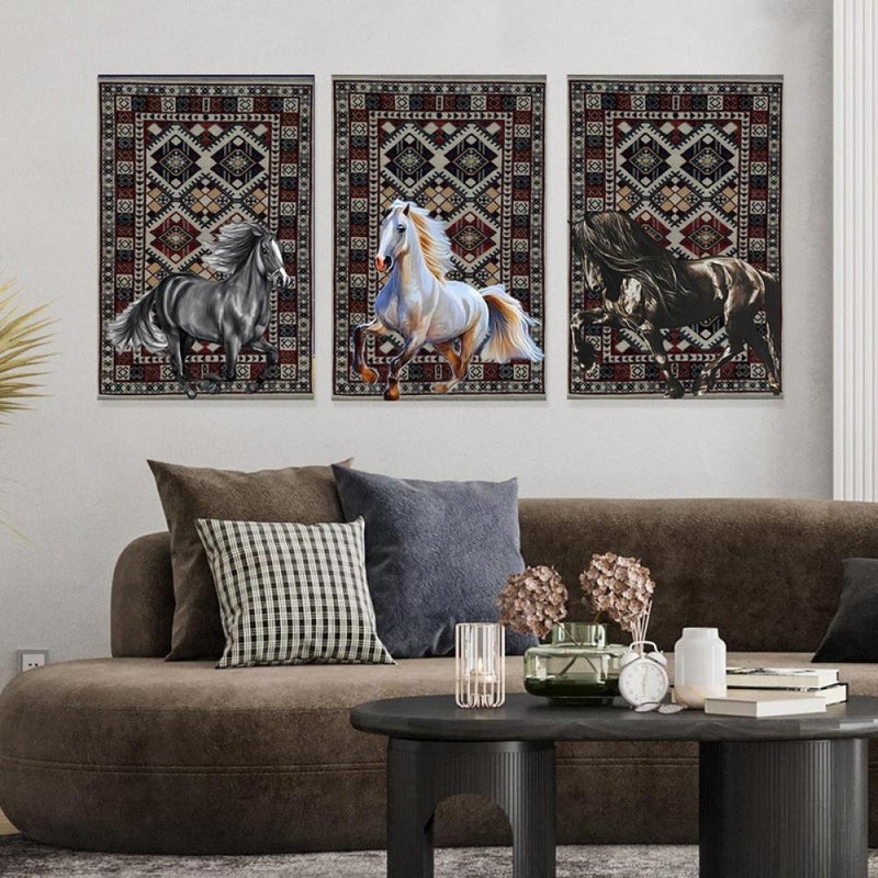 Marktna Three canvas paintings with a horse design and a hollow frame, measuring (120×60), three pieces - Image 1