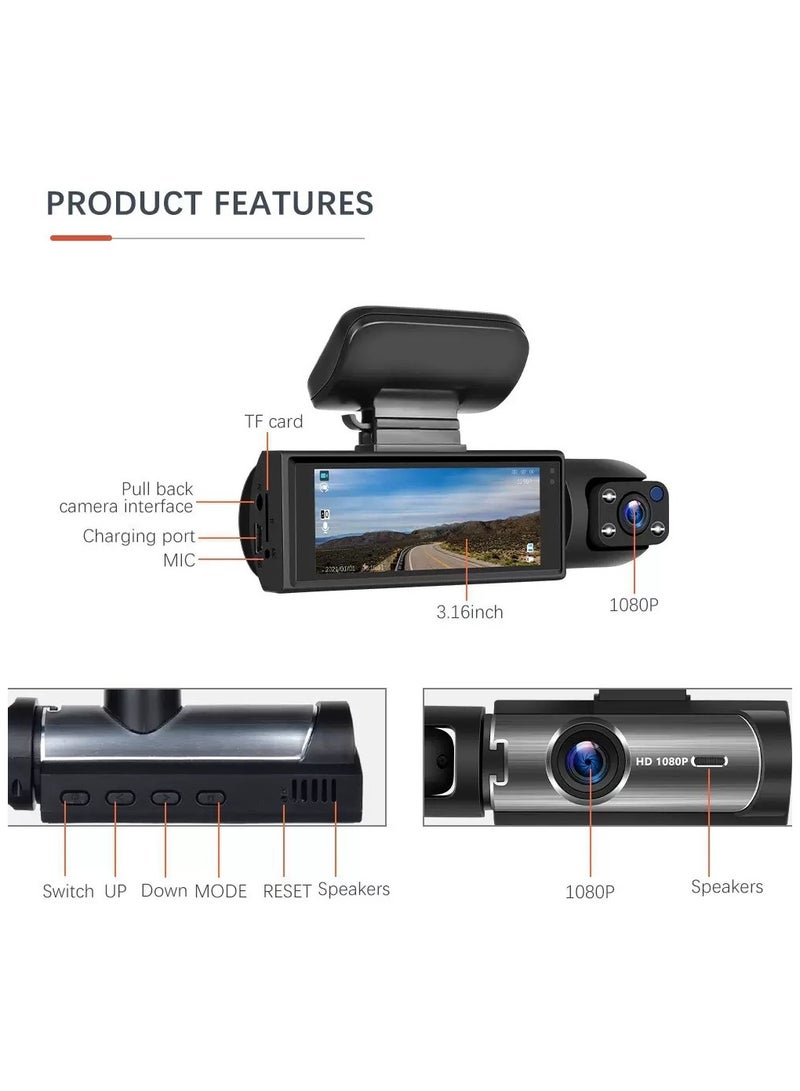 1080P dual-camera driving recorder, front and rear dual cameras, car camera with night vision function, parking monitoring loop recording application, gravity sensor, equipped with 3.16-inch IPS screen, dual-lens driving recorder, free 32GB memory card - Image 4