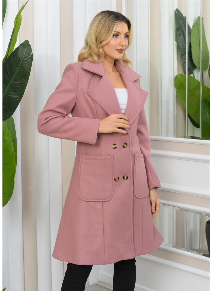 Nuseel New Season Double Breasted Collar Lining Detailed Long Cashmere Coat