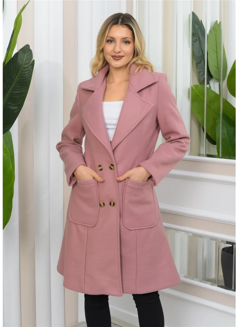 Nuseel New Season Double Breasted Collar Lining Detailed Long Cashmere Coat