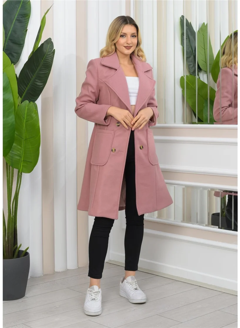 Nuseel New Season Double Breasted Collar Lining Detailed Long Cashmere Coat