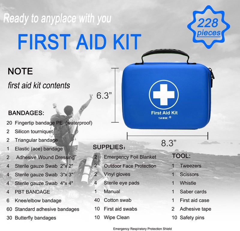 SHBC Waterproof First Aid Kit 228pcs with All Basic or Advanced Supplies You Need Suitable for Emergencies at Home or Outside Travel Home Camping Blue - Image 3