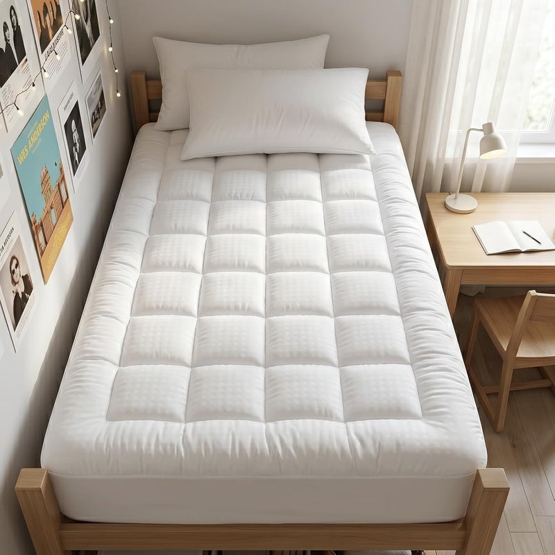 EASELAND (Twin XL, White) - Luxury Hotel Quilted Mattress Pad Cover 300TC 100% Cotton Top - Goose Down Alternative Filling -Stretch Up to 20cm - 50cm Deep -Mattress Topper (Twin XL, White) - Image 1