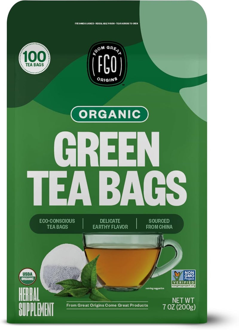 FGO Organic Green Tea Bags - 100 Count Eco-Conscious Herbal Supplement - Image 1