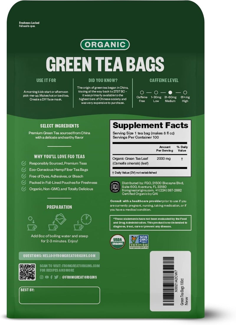 FGO Organic Green Tea Bags - 100 Count Eco-Conscious Herbal Supplement - Image 3