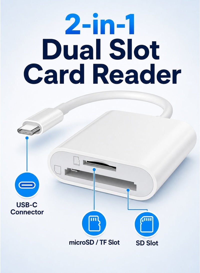فلوينغ قارئ بطاقات ذاكرة USB-C يدعم SD وMicro SD، محول USB 3.0 مزدوج الفتحات بسرعة نقل تصل إلى 5Gbps، يعمل بالتوصيل والتشغيل، متوافق مع iPhone 17/16/15 وiPad وMacBook والكاميرات الرقمية وكاميرات المراقبة البرية - Image 2