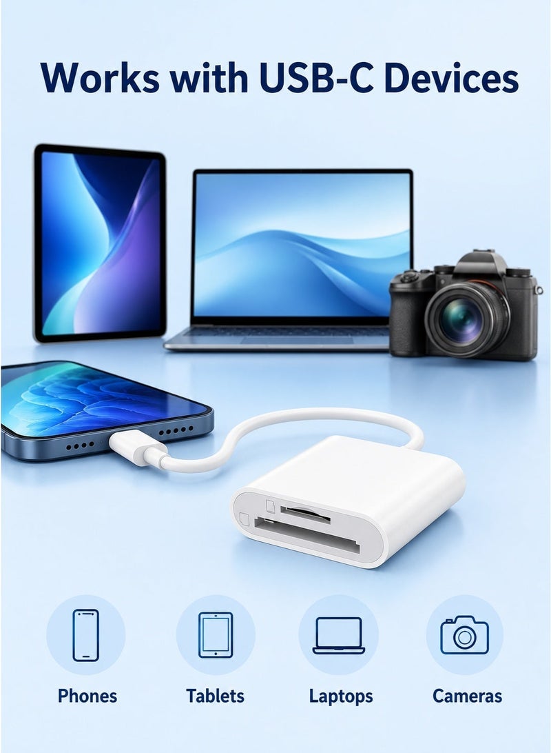 فلوينغ قارئ بطاقات ذاكرة USB-C يدعم SD وMicro SD، محول USB 3.0 مزدوج الفتحات بسرعة نقل تصل إلى 5Gbps، يعمل بالتوصيل والتشغيل، متوافق مع iPhone 17/16/15 وiPad وMacBook والكاميرات الرقمية وكاميرات المراقبة البرية - Image 3