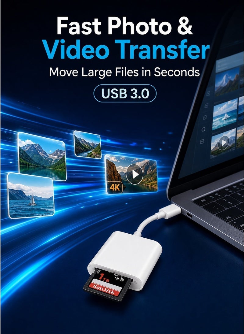 فلوينغ قارئ بطاقات ذاكرة USB-C يدعم SD وMicro SD، محول USB 3.0 مزدوج الفتحات بسرعة نقل تصل إلى 5Gbps، يعمل بالتوصيل والتشغيل، متوافق مع iPhone 17/16/15 وiPad وMacBook والكاميرات الرقمية وكاميرات المراقبة البرية - Image 5