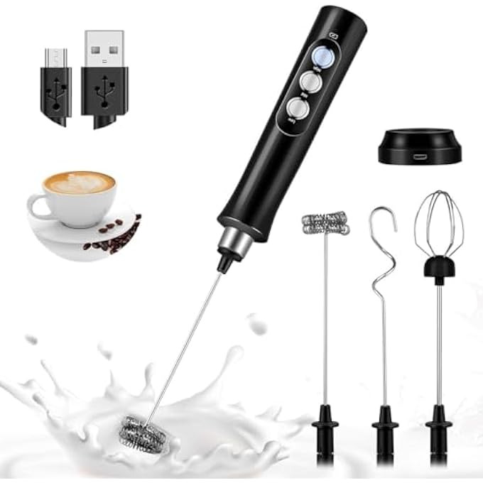 كاست ويف جهاز خفق الحليب اليدوي القابل لإعادة الشحن بمنفذ USB، مزود بثلاث سرعات قابلة للتعديل، ووضع شحن مزدوج بمنفذ USB، مع ثلاث خفاقات من الفولاذ المقاوم للصدأ لتحضير اللاتيه والكابتشينو والشوكولاتة الساخنة والبيض باللون الأسود - Image 1