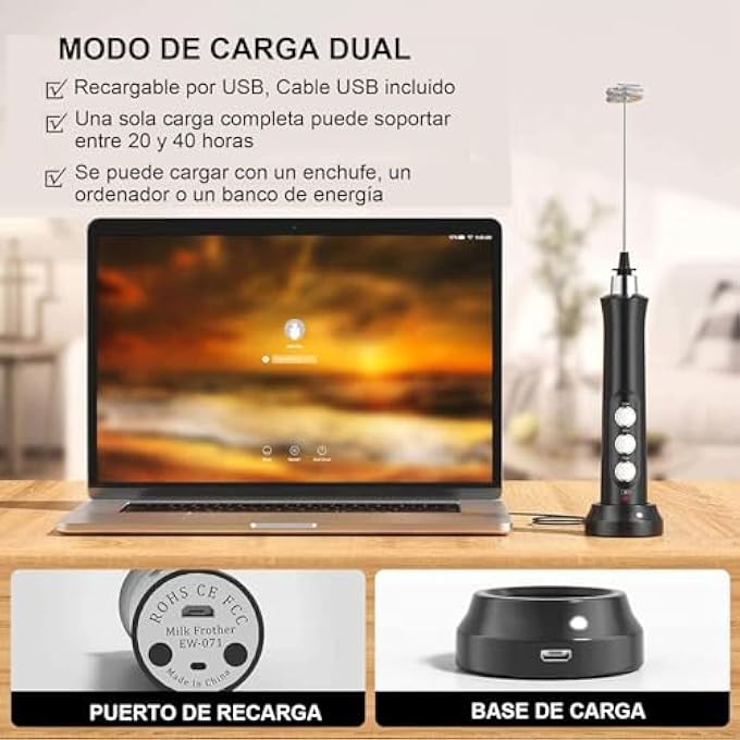 كاست ويف جهاز خفق الحليب اليدوي القابل لإعادة الشحن بمنفذ USB، مزود بثلاث سرعات قابلة للتعديل، ووضع شحن مزدوج بمنفذ USB، مع ثلاث خفاقات من الفولاذ المقاوم للصدأ لتحضير اللاتيه والكابتشينو والشوكولاتة الساخنة والبيض باللون الأسود - Image 3