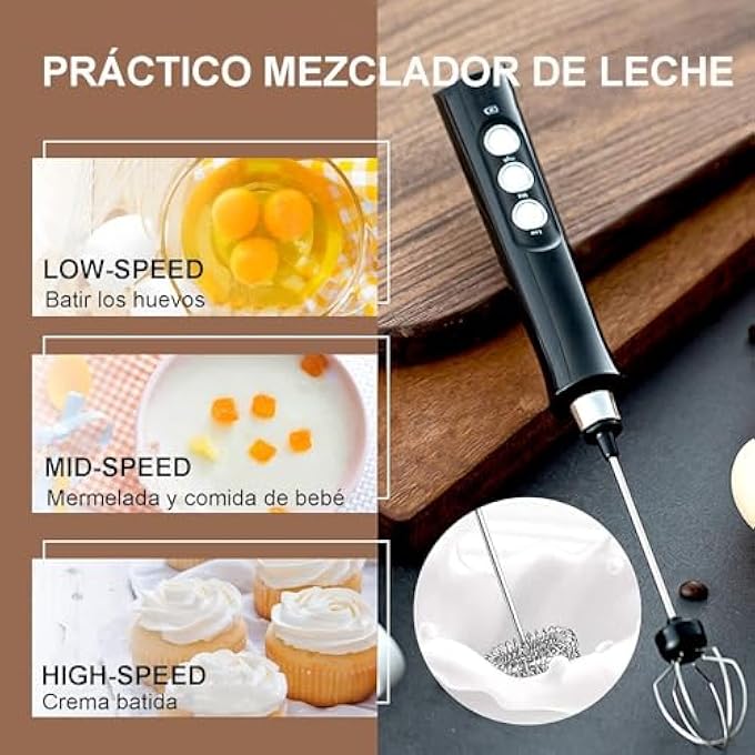 كاست ويف جهاز خفق الحليب اليدوي القابل لإعادة الشحن بمنفذ USB، مزود بثلاث سرعات قابلة للتعديل، ووضع شحن مزدوج بمنفذ USB، مع ثلاث خفاقات من الفولاذ المقاوم للصدأ لتحضير اللاتيه والكابتشينو والشوكولاتة الساخنة والبيض باللون الأسود - Image 4