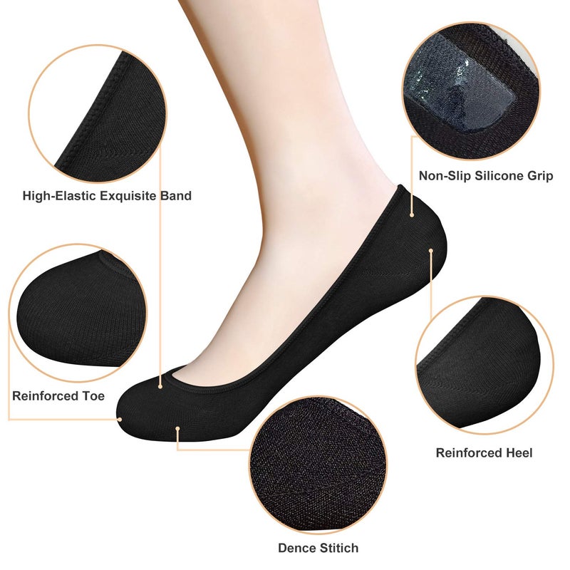 SIXDAYSOX Black No Show Socks Women 4 Pairs Reinforced Super Invisible Rubber Heel Summer Cotton Socks for Flats Loafers Size 5-8 - Image 3