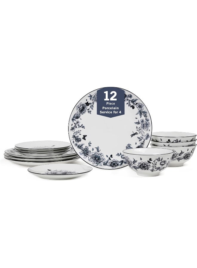 Stone Lain Esme 12Piece Dinnerware Set Porcelain Plates and Bowls Set Dish Set for 4 Microwave and Dishwasher Safe Black - Image 1
