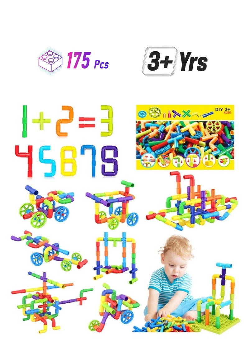 EP EXERCISE N PLAY 175 Pieces Stem Toy Pipe Tube Building Kit For Kids Creative Interlocking Construction Blocks Sets With Wheels Baseplate Educational Learning Preschool Gift For Tolddlers Boys Girls Age 3 4 5 6 7 8  - Image 1