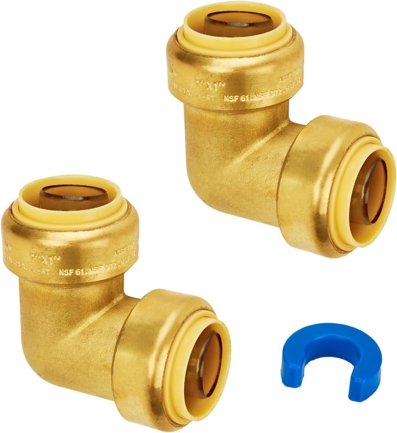 SUNGATOR 1-Inch Push Fit PEX Elbow, 90-Degree Plumbing Fitting Pipe Connector with Disconnect Clip, Push-to-Connect, Copper, PEX, CPVC, No Lead Brass Fittings (2-Pack) - Image 1