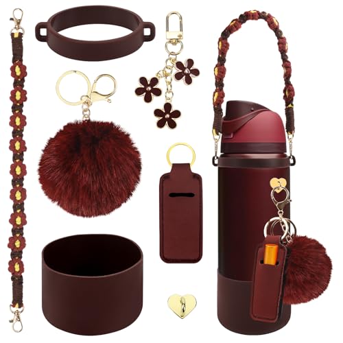 SLEILIN Compatible for Owala Accessories Bundle: Silicone Boot for 24oz & 32oz Bottles, Charms, Handle, Strap, Rubber Bottoms, and Decorative Add-ons for Your Compatible for Owala Water Bottle, Black Cherry - Image 1