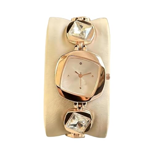 SWADESI STUFF Women’s Luxury Analog Watch – Round Dial in Square Case – Stone Studded Bracelet Strap Quartz Wrist Watch for Girls, Ladies & Miss (White) - Image 1