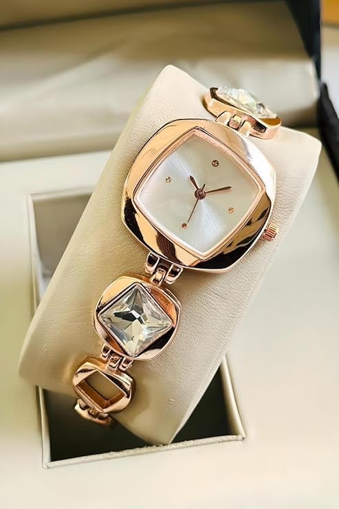 SWADESI STUFF Women’s Luxury Analog Watch – Round Dial in Square Case – Stone Studded Bracelet Strap Quartz Wrist Watch for Girls, Ladies & Miss (White) - Image 3