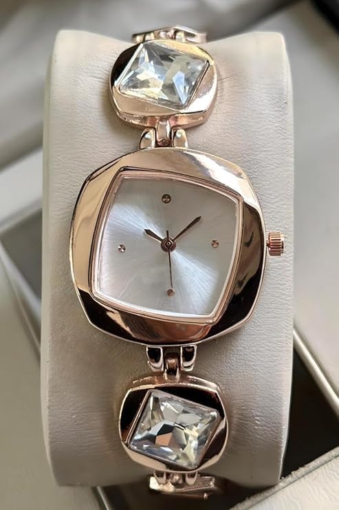 SWADESI STUFF Women’s Luxury Analog Watch – Round Dial in Square Case – Stone Studded Bracelet Strap Quartz Wrist Watch for Girls, Ladies & Miss (White) - Image 2