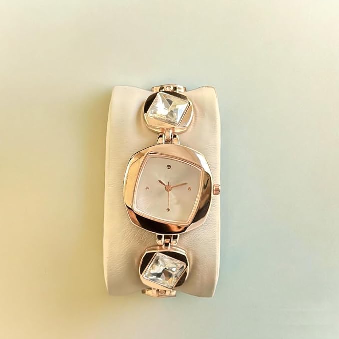 SWADESI STUFF Women’s Luxury Analog Watch – Round Dial in Square Case – Stone Studded Bracelet Strap Quartz Wrist Watch for Girls, Ladies & Miss (White) - Image 5