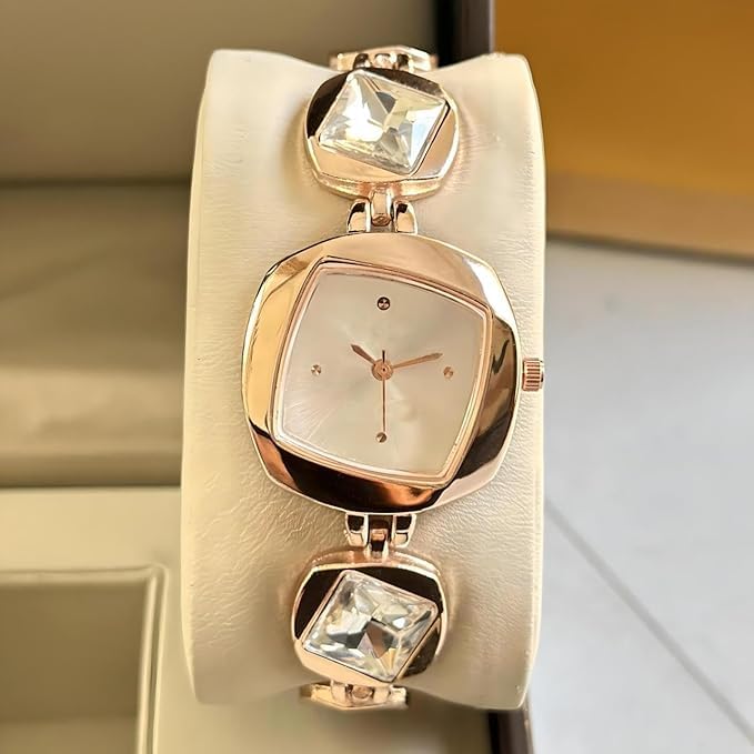 SWADESI STUFF Women’s Luxury Analog Watch – Round Dial in Square Case – Stone Studded Bracelet Strap Quartz Wrist Watch for Girls, Ladies & Miss (White) - Image 4