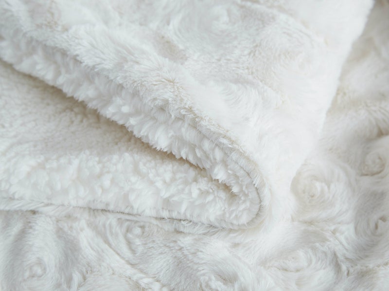 DaDa Bedding Luxury White Roses Fluffy and Cuddly Faux Fur with Sherpa Backside Fleece Cloud Throw Blanket - Super Soft Warm Plush Luxe Solid Toss for Sofa, Couch or Bed - 63" x 90" - Image 4