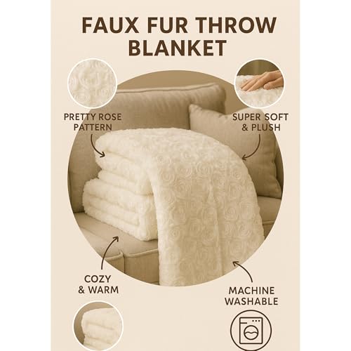 DaDa Bedding Luxury White Roses Fluffy and Cuddly Faux Fur with Sherpa Backside Fleece Cloud Throw Blanket - Super Soft Warm Plush Luxe Solid Toss for Sofa, Couch or Bed - 63" x 90" - Image 3