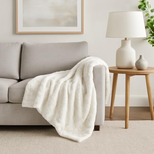 DaDa Bedding Luxury White Roses Fluffy and Cuddly Faux Fur with Sherpa Backside Fleece Cloud Throw Blanket - Super Soft Warm Plush Luxe Solid Toss for Sofa, Couch or Bed - 63" x 90" - Image 1