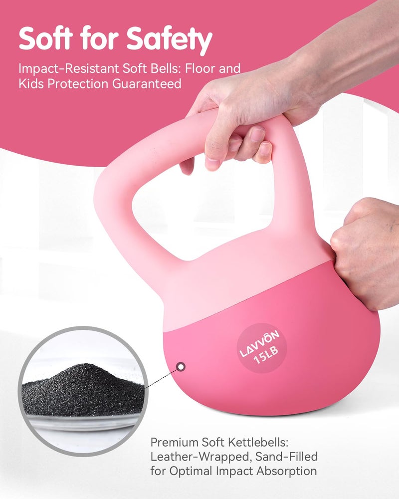 LAVVON Soft Kettlebell - Cushioned Impact-Resistant Base and Anti-Slip, Kettle bell Anti-Slip Grip Weight for Home Workouts, Safe Strength Training Kettlebells Sets for Women & Men, With Non-slip Gloves (Pink, 15 LB) - Image 2