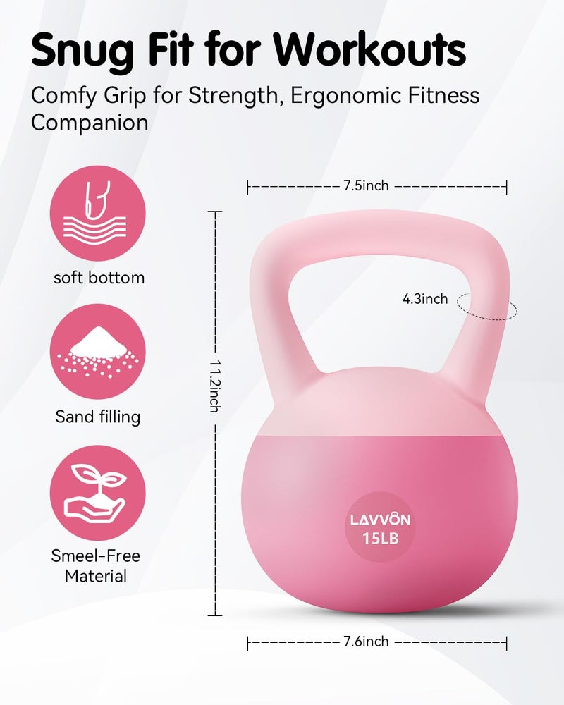 LAVVON Soft Kettlebell - Cushioned Impact-Resistant Base and Anti-Slip, Kettle bell Anti-Slip Grip Weight for Home Workouts, Safe Strength Training Kettlebells Sets for Women & Men, With Non-slip Gloves (Pink, 15 LB) - Image 5