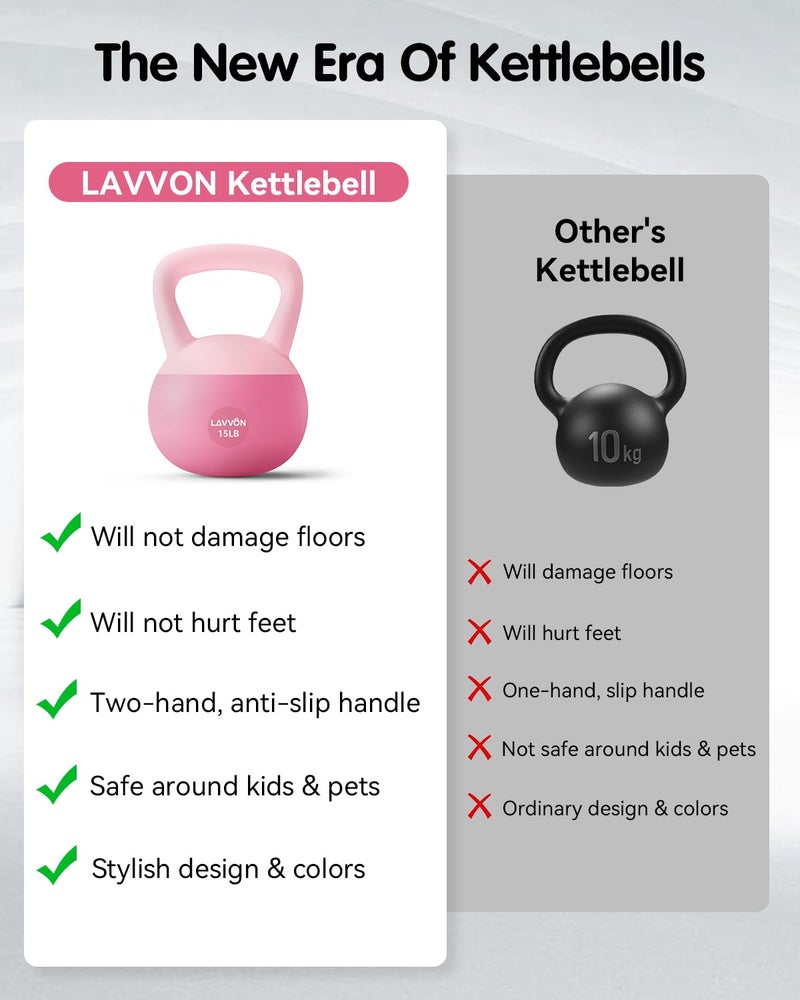 LAVVON Soft Kettlebell - Cushioned Impact-Resistant Base and Anti-Slip, Kettle bell Anti-Slip Grip Weight for Home Workouts, Safe Strength Training Kettlebells Sets for Women & Men, With Non-slip Gloves (Pink, 15 LB) - Image 3