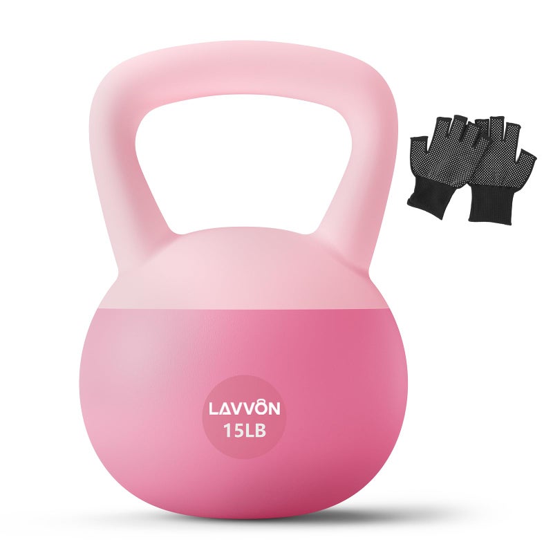 LAVVON Soft Kettlebell - Cushioned Impact-Resistant Base and Anti-Slip, Kettle bell Anti-Slip Grip Weight for Home Workouts, Safe Strength Training Kettlebells Sets for Women & Men, With Non-slip Gloves (Pink, 15 LB) - Image 1