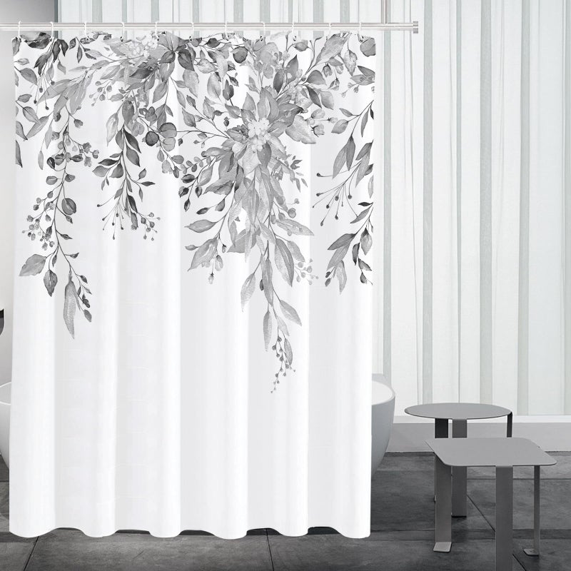Tititex Light Grey Eucalyptus Shower Curtain Sets  Bright Watercolor Gray Leaves on The Top Plant with Floral Bathroom Decoration 72x78 Inch with Hooks - Image 2