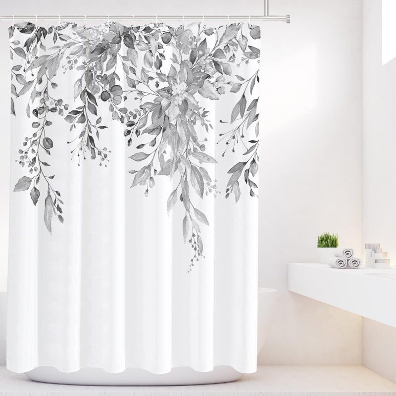 Tititex Light Grey Eucalyptus Shower Curtain Sets  Bright Watercolor Gray Leaves on The Top Plant with Floral Bathroom Decoration 72x78 Inch with Hooks - Image 1