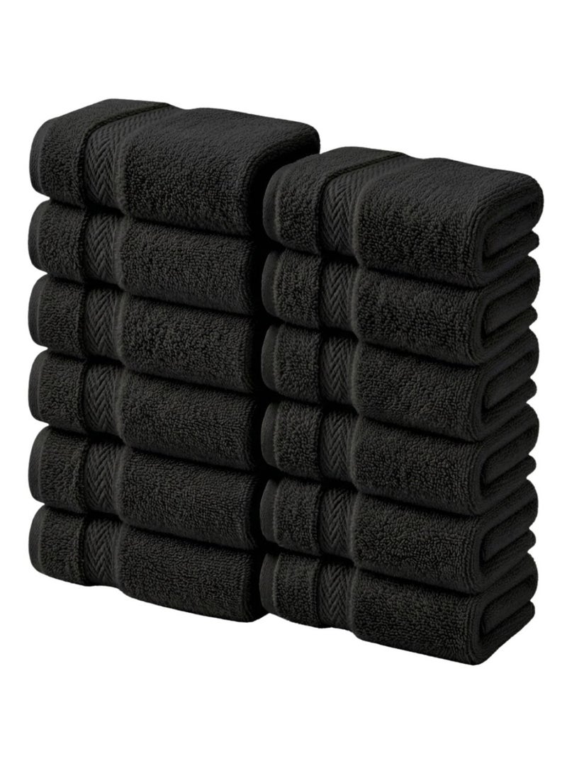 1 تشيس منشفة وجه فاخرة من القطن - مجموعة من 12 منشفة وجه كبيرة للحمام والمنتجع الصحي في الفنادق باللون الأسود - Image 1